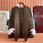 Gucci camo-print backpack with padded mesh back panels and adjustable brown shoulder straps