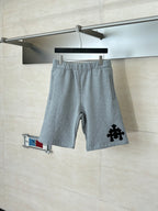 Heather gray shorts with drawstring waistband and black logo graphic on leg