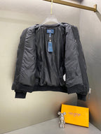 Dark gray Ralph Lauren puffer jacket open view with zipper and logo