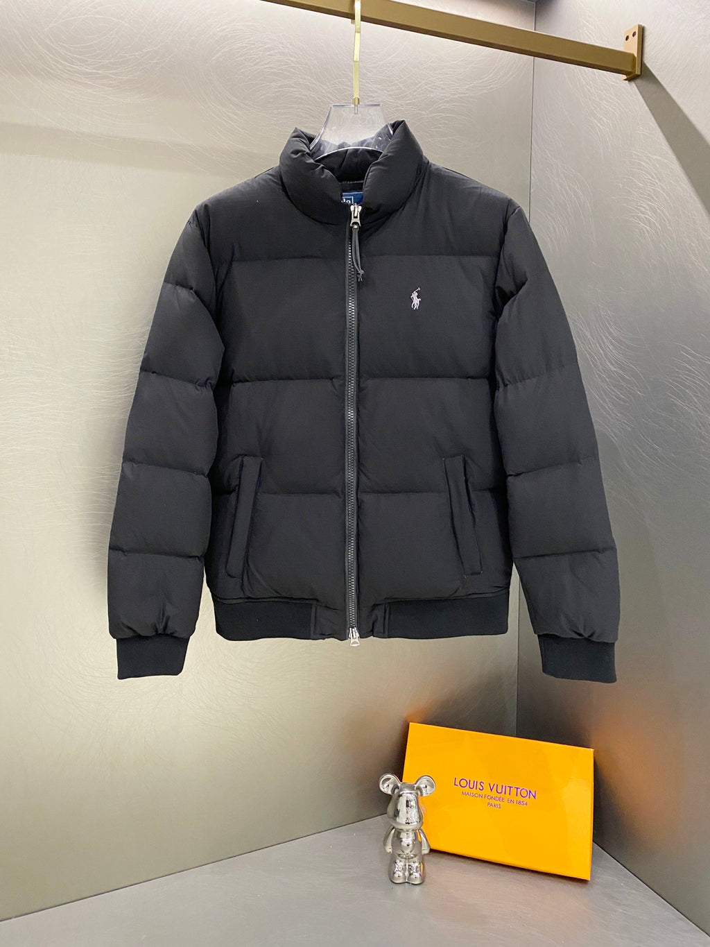 Black Ralph Lauren puffer jacket with full zip and stand collar
