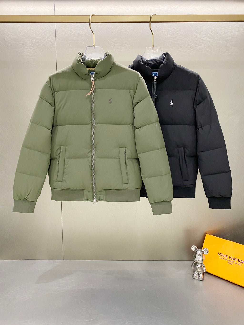 Olive green Ralph Lauren puffer jacket with full zip and stand collar