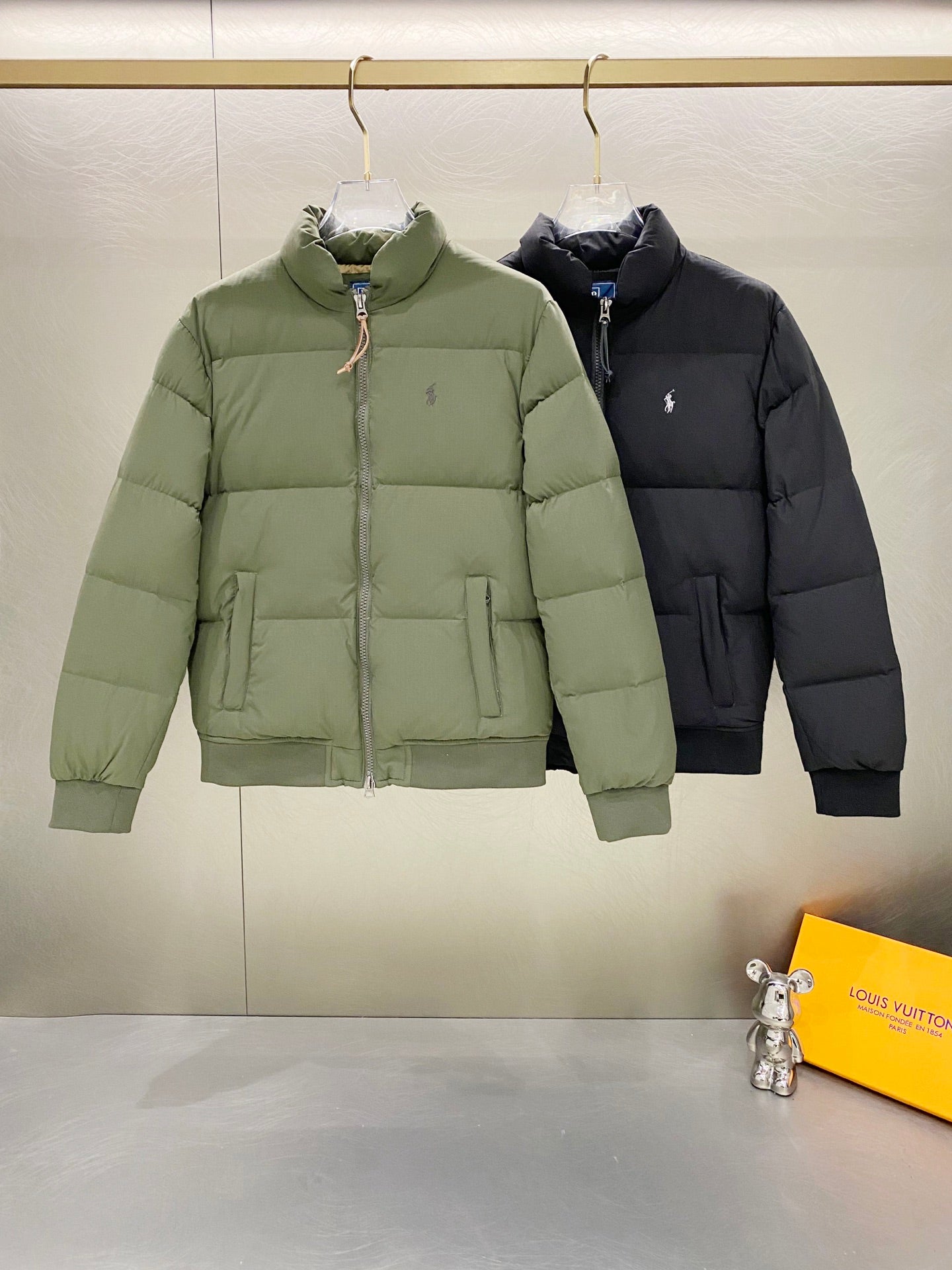 Olive green Ralph Lauren puffer jacket with full zip and stand collar