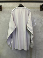 Balenciaga long-sleeve crewneck shirt, light off-white, back view, logo stripe sleeves