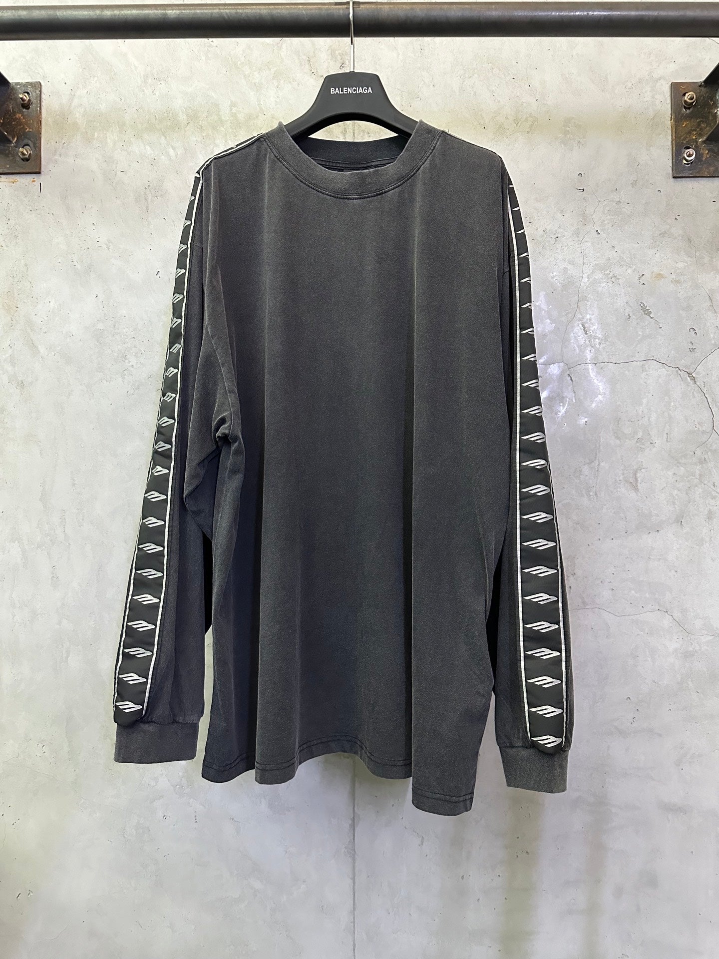 Balenciaga long-sleeve shirt in dark gray with white logo tape on both sleeves