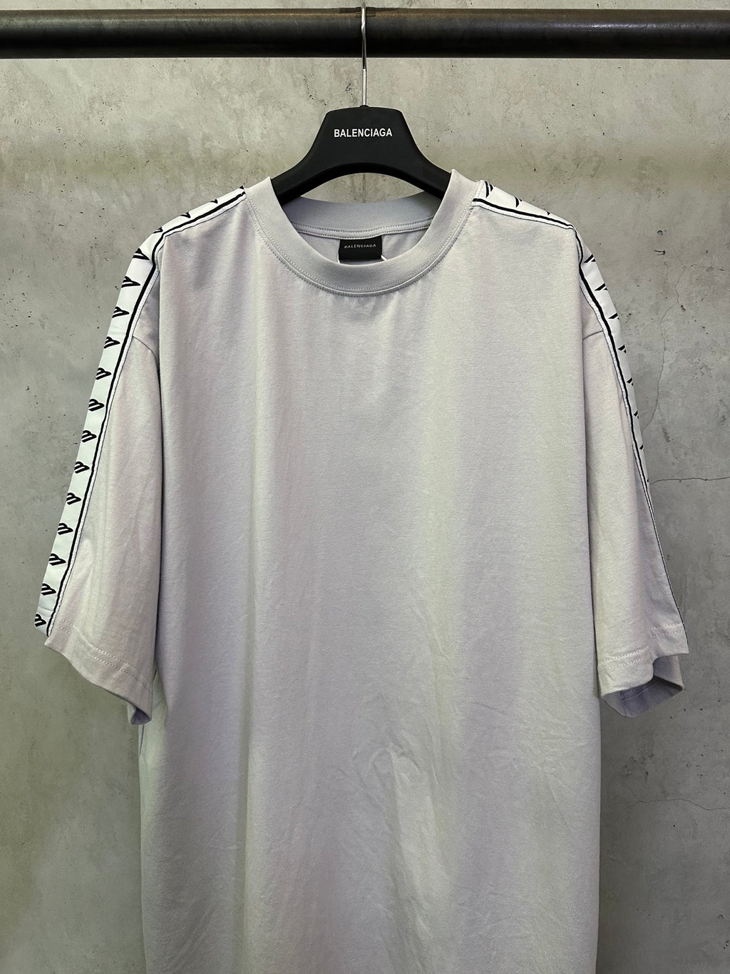Balenciaga white T-shirt with black logo stripe at shoulder seams, crew neck