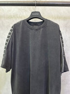 Men's black crew-neck T-shirt, white graphic tape on both sleeves