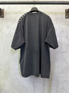 Men's black crew-neck T-shirt, back view with white logo tape along sleeves