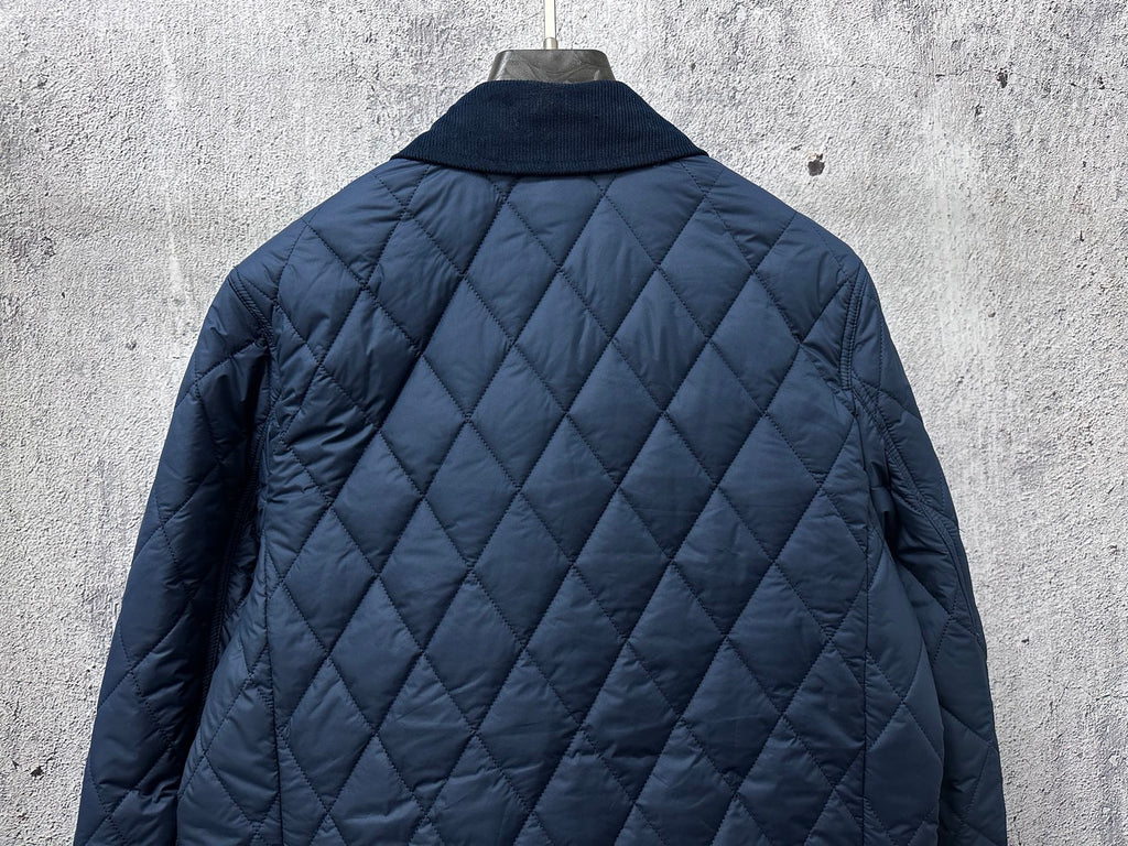 Ralph Lauren quilted jacket, navy blue, back view with diamond stitching and stand collar