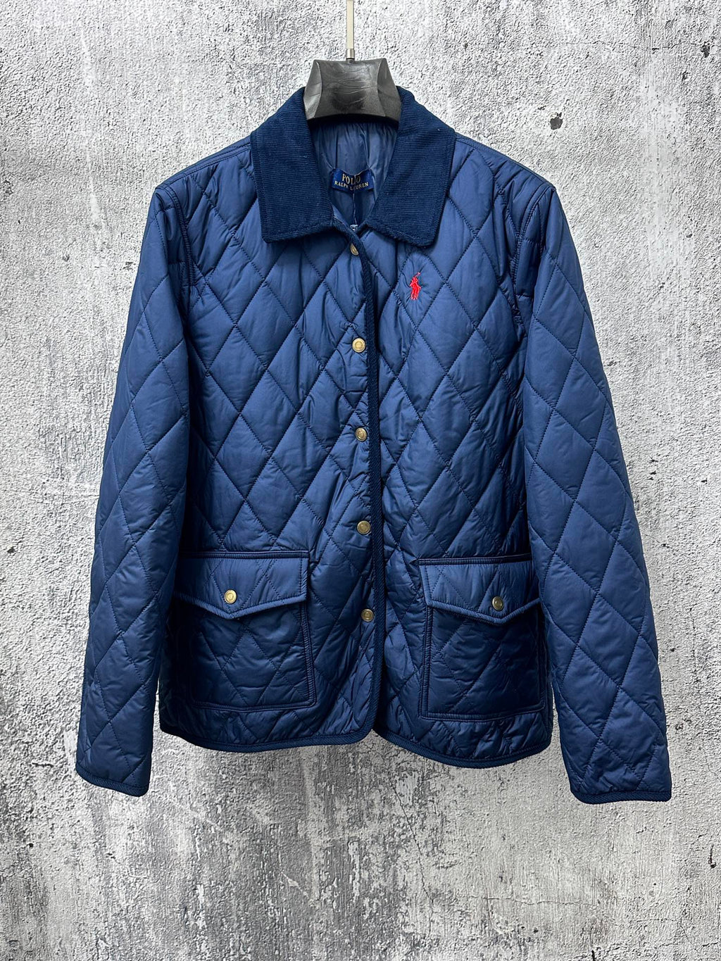 Ralph Lauren quilted jacket, navy blue, button front, pointed collar, flap chest pockets