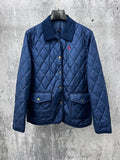 Ralph Lauren quilted jacket, navy blue, button front, pointed collar, flap chest pockets