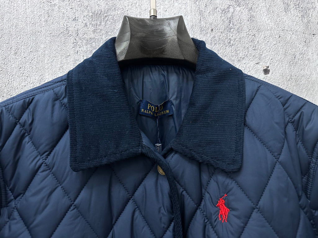 Ralph Lauren quilted jacket collar and logo patch, navy blue, snap buttons, pony emblem