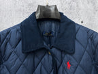 Ralph Lauren quilted jacket collar and logo patch, navy blue, snap buttons, pony emblem