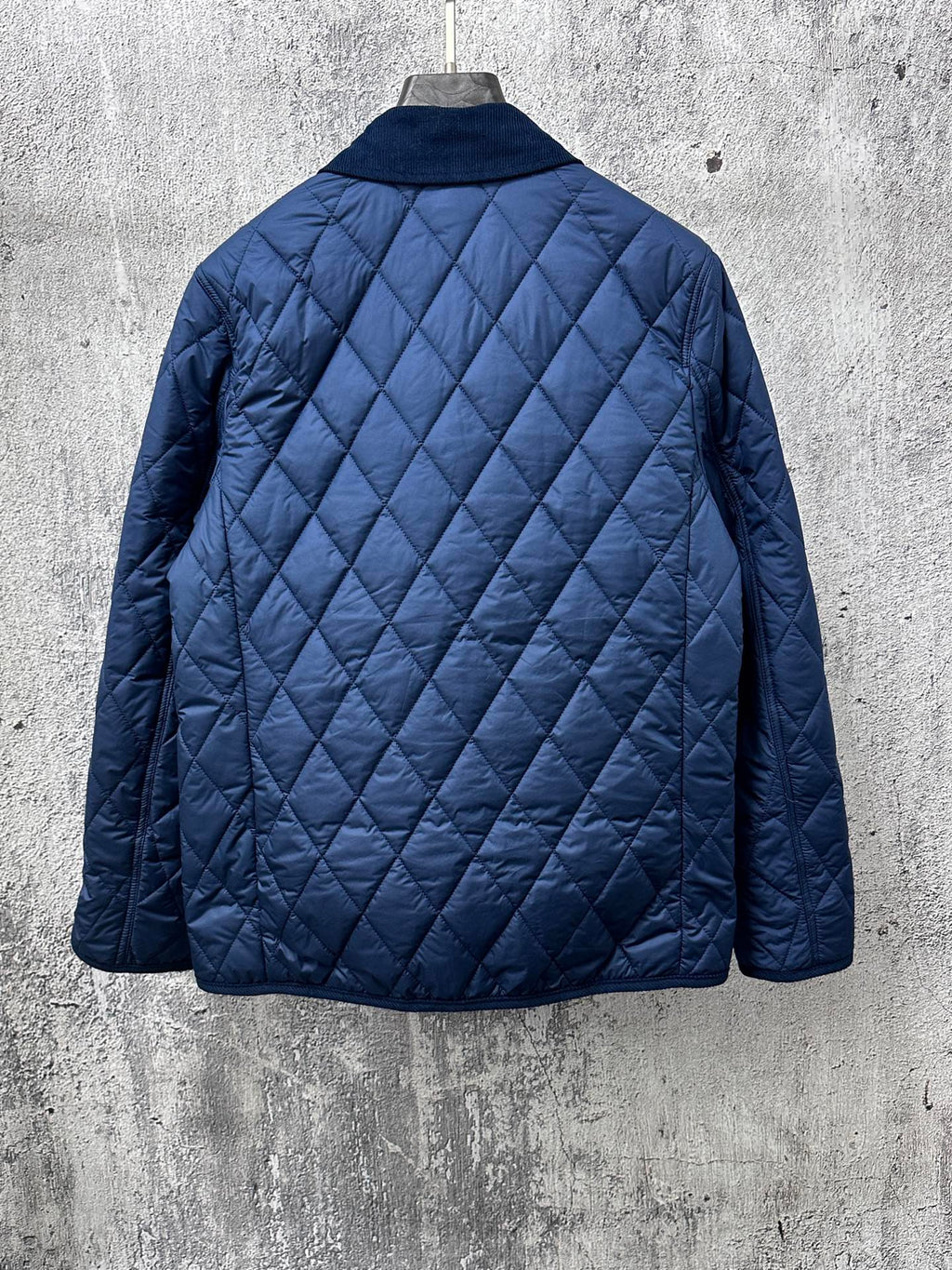 Ralph Lauren quilted jacket, navy blue, full back view, diamond pattern, stand collar