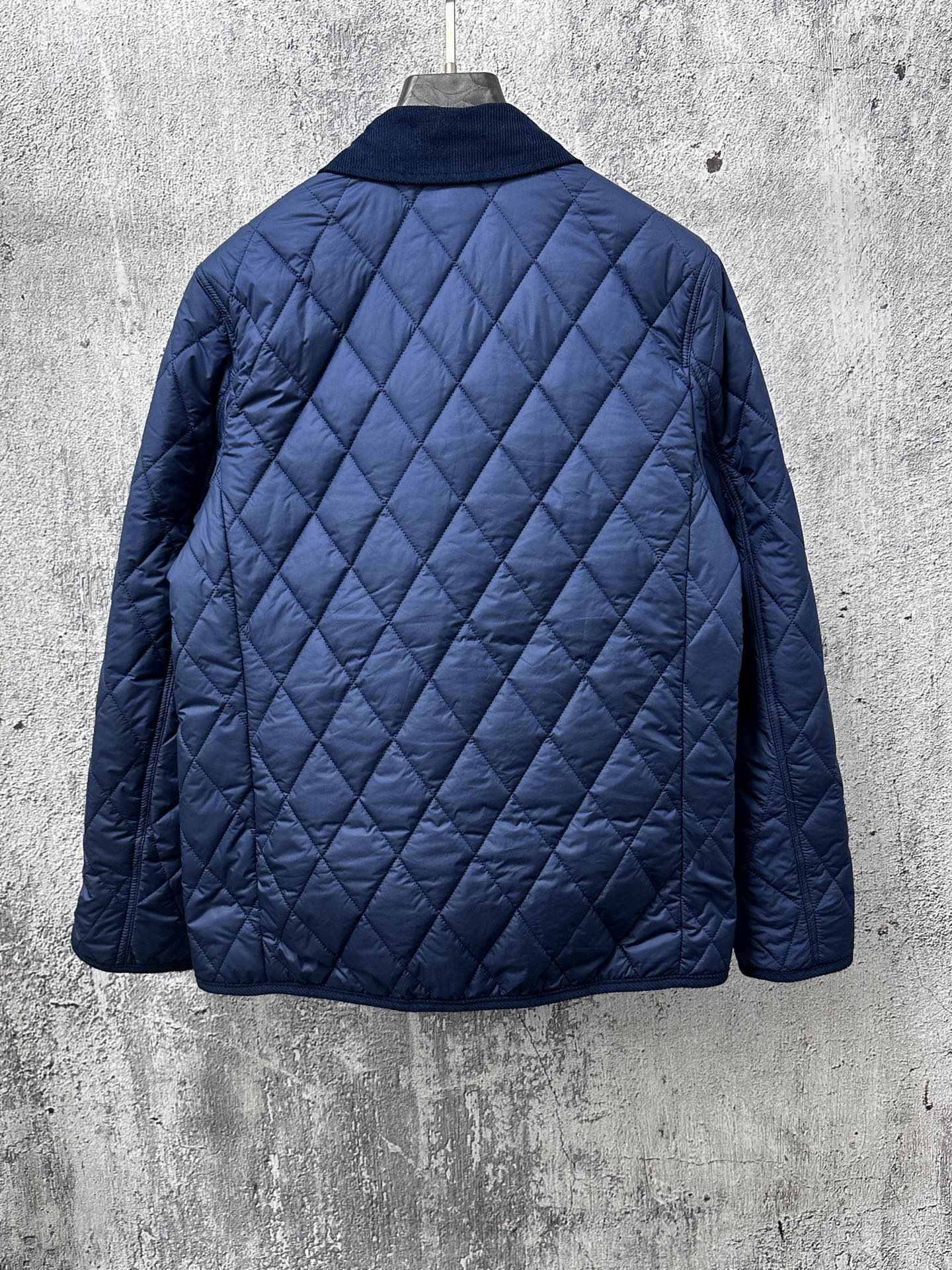 Ralph Lauren quilted jacket, navy blue, full back view, diamond pattern, stand collar
