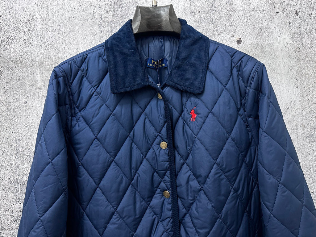 Ralph Lauren quilted jacket, navy blue, front view with button placket and polo pony emblem