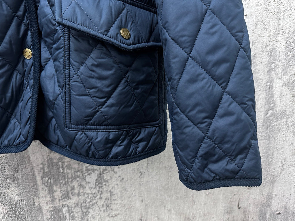 Ralph Lauren quilted jacket sleeves and pocket, navy blue, snap flap pocket detail