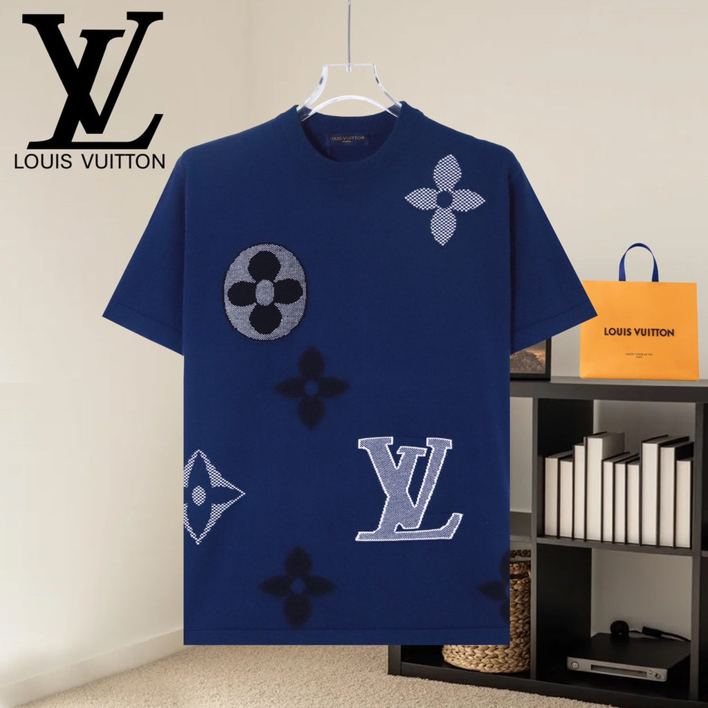 Louis Vuitton short-sleeve T-shirt, navy blue with LV and floral icons