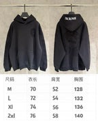 Black pullover hoodie front and back views with size chart (M–2XL)