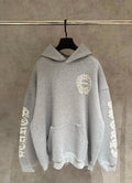 Gray long-sleeve hoodie with hood, front pouch pocket, and chest emblem graphic.