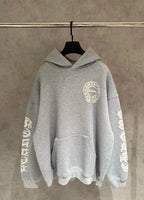 Gray long-sleeve hoodie with hood, front pouch pocket, and chest emblem graphic.