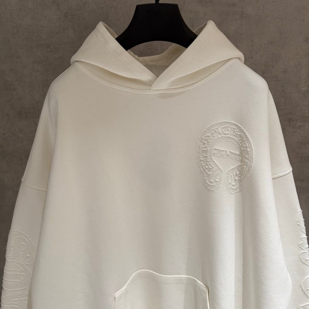 Off-white hoodie upper front with hood and large embossed face logo on chest