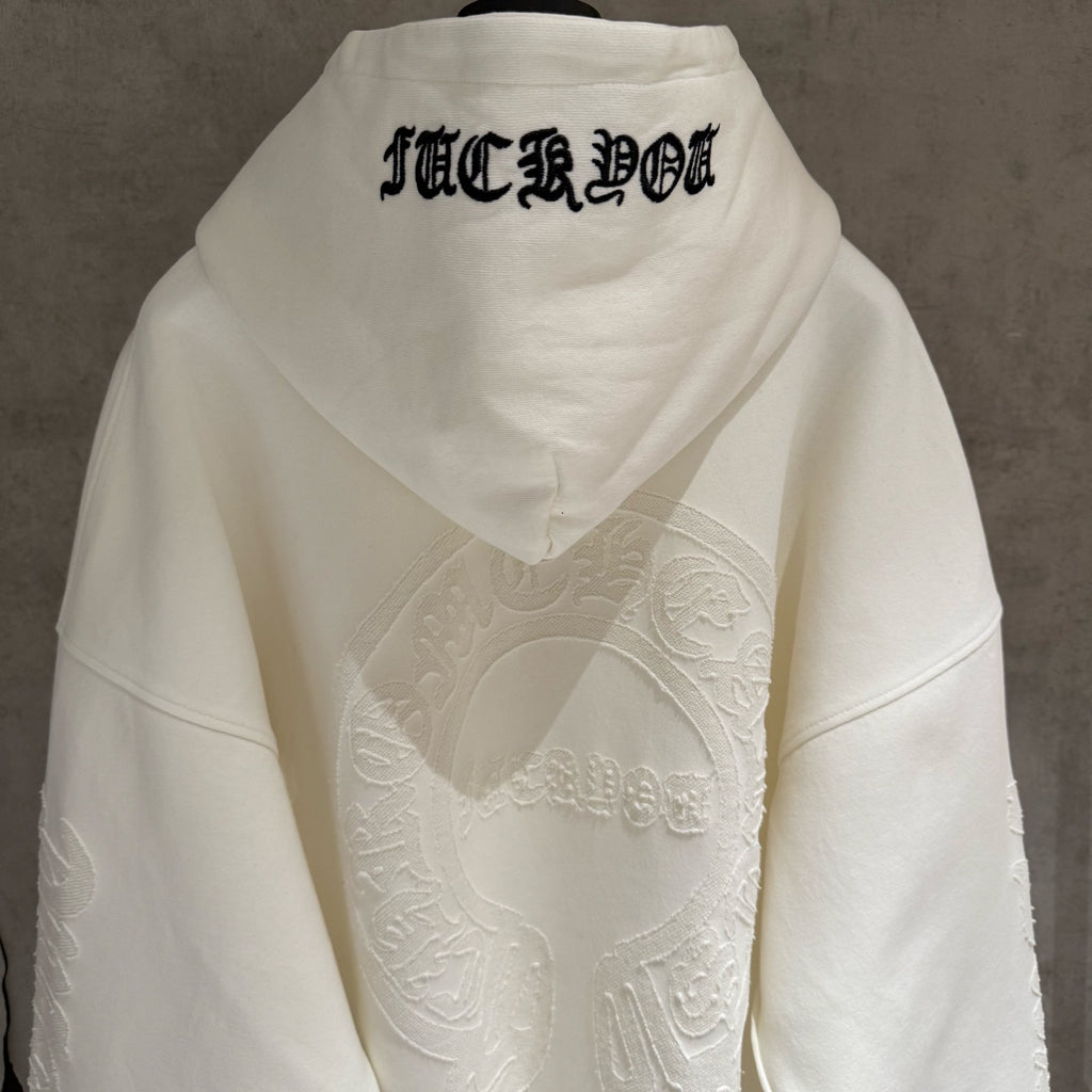 Off-white hoodie back with hood and embroidered text at center back