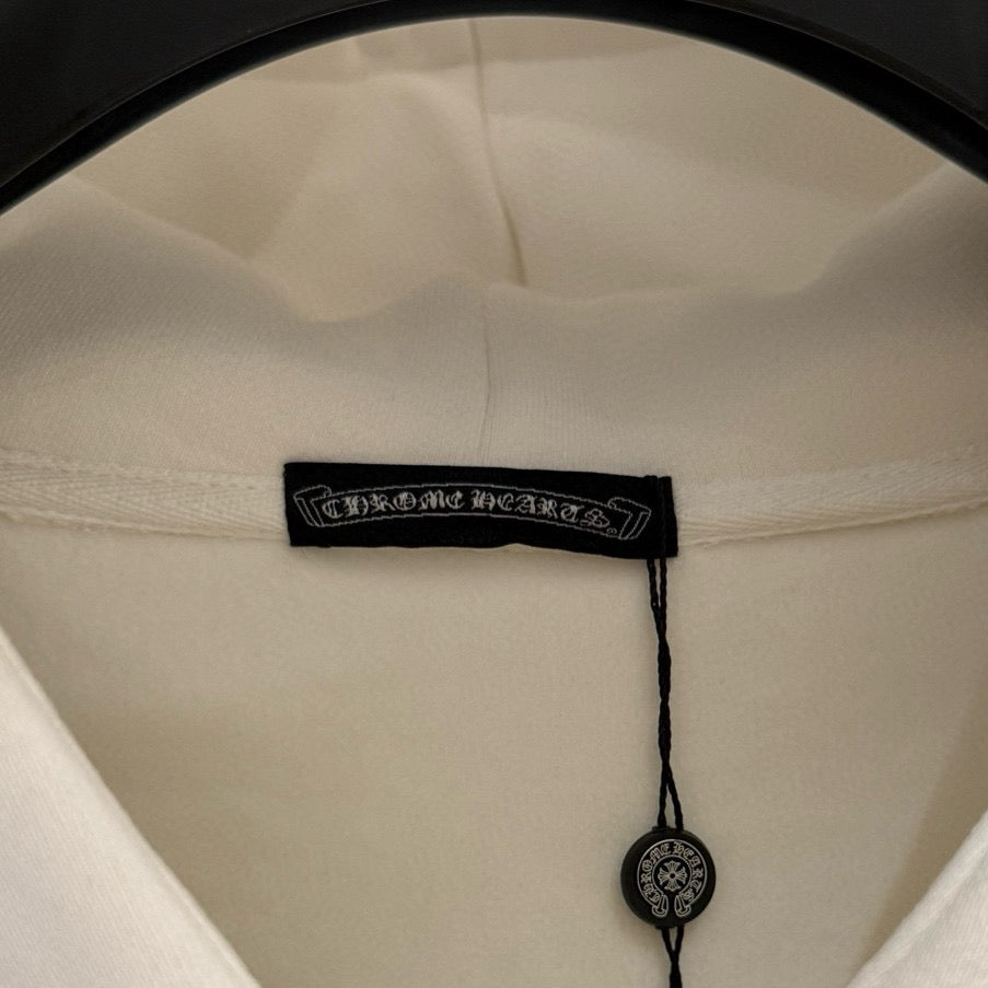 Off-white hoodie neckline with hanging brand label