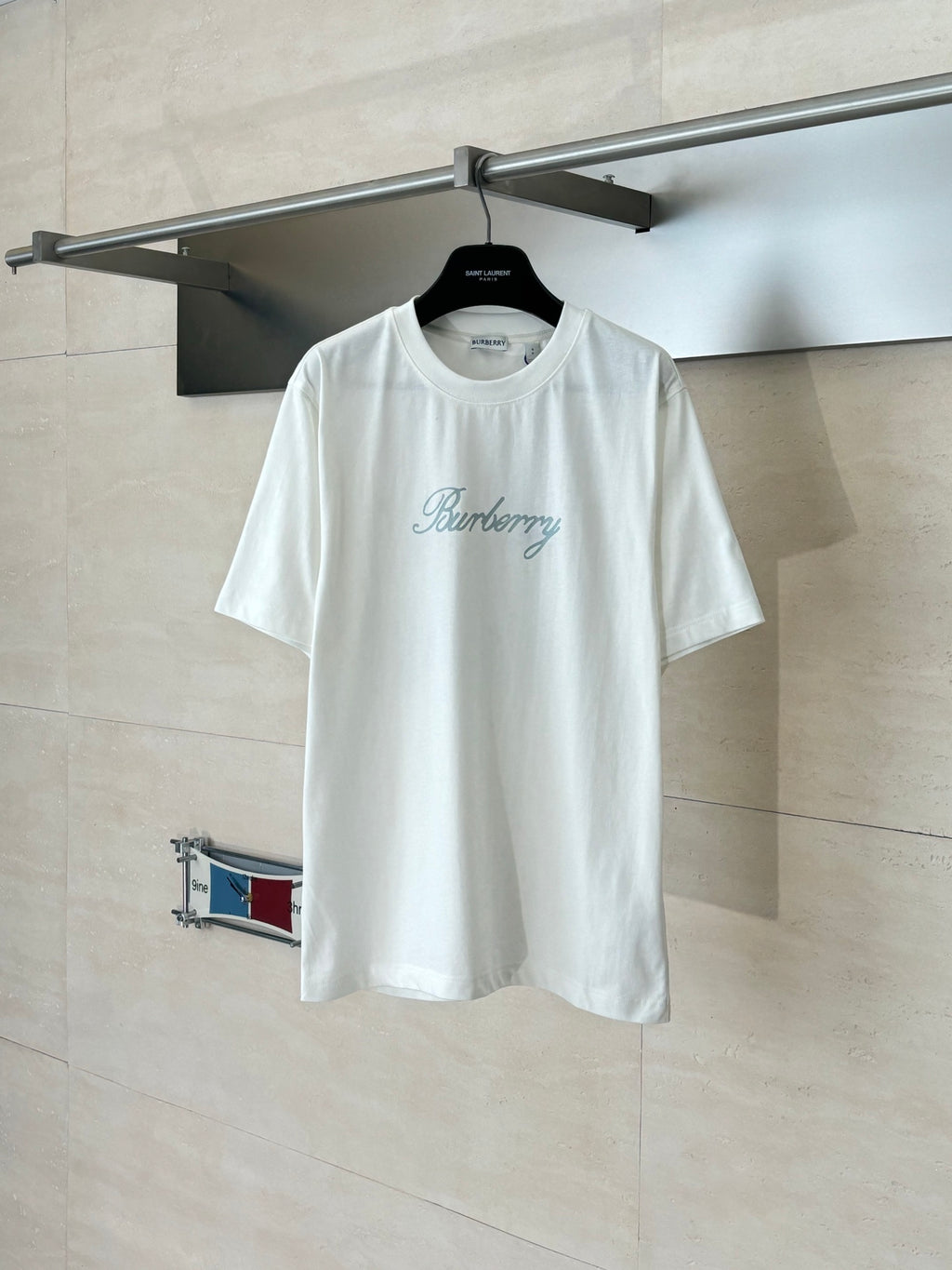 Burberry white T-shirt with front script logo on crew neck