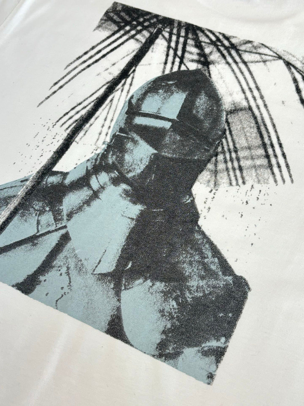 Burberry white T-shirt close-up of black and blue graphic print
