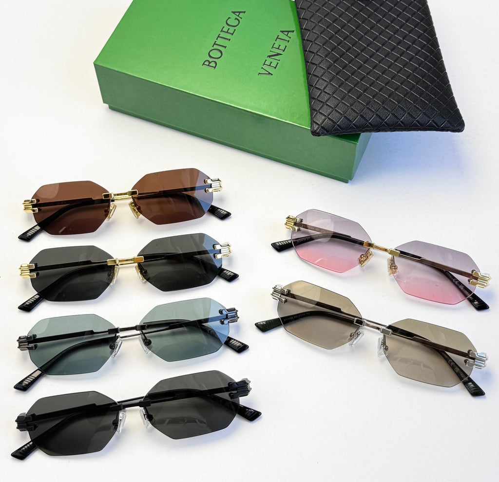 Bottega Veneta sunglasses assortment with different colored tinted lenses and metal frames.
