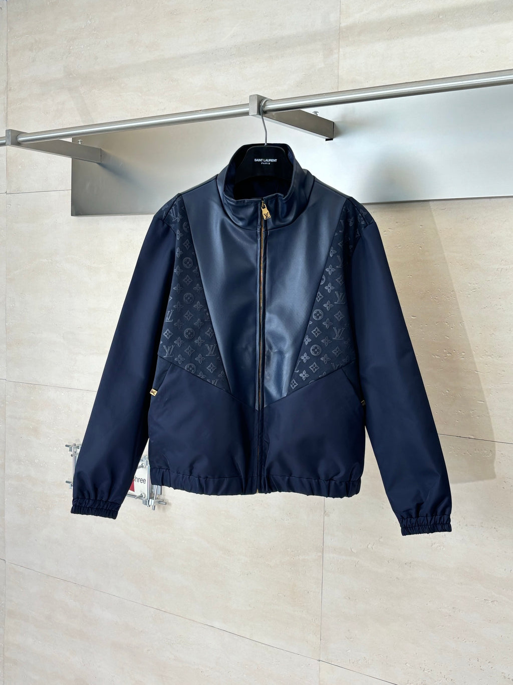 Navy Louis Vuitton-pattern trim zip-up jacket with stand collar and ribbed cuffs