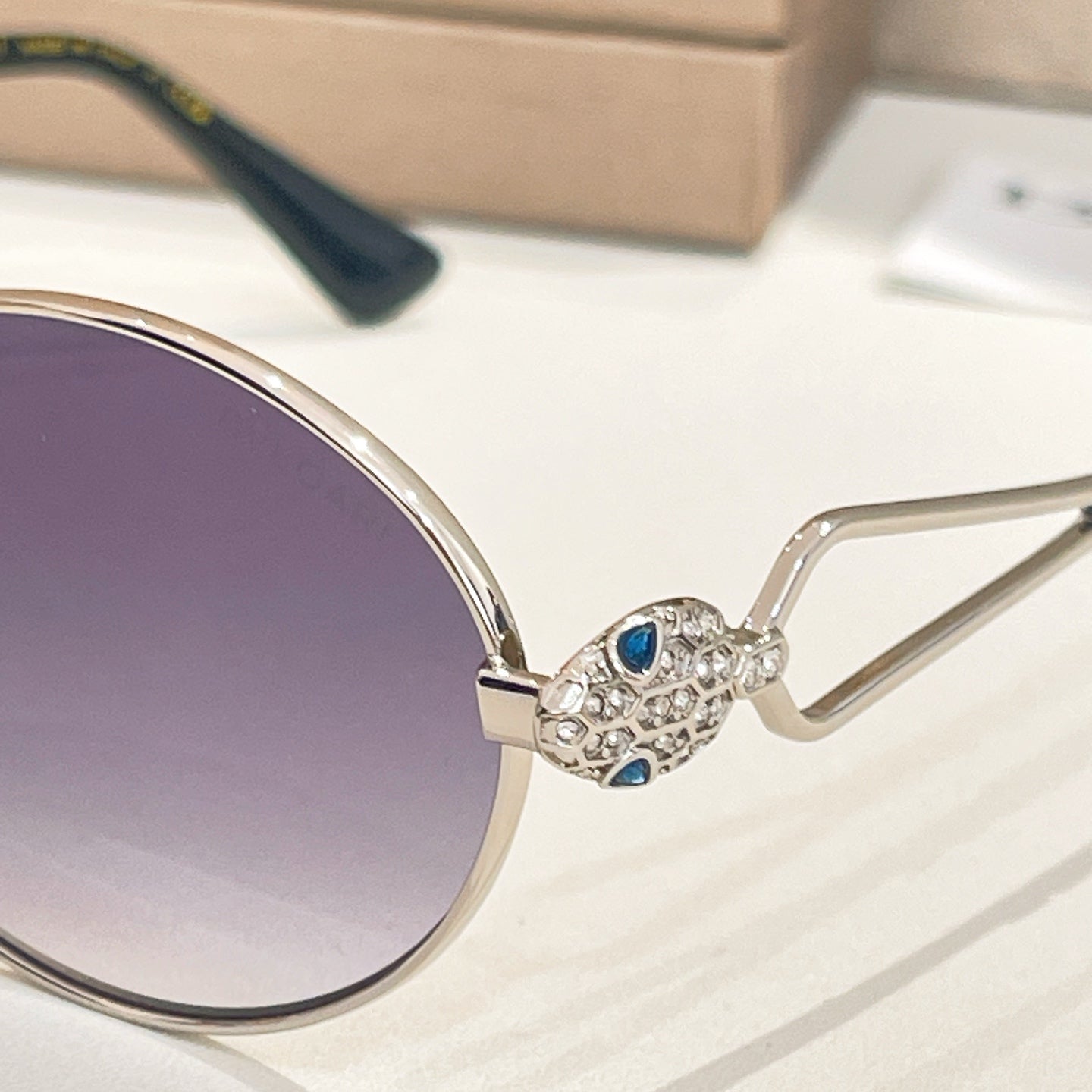 Bvlgari round sunglasses with jeweled bridge and gradient lavender lenses