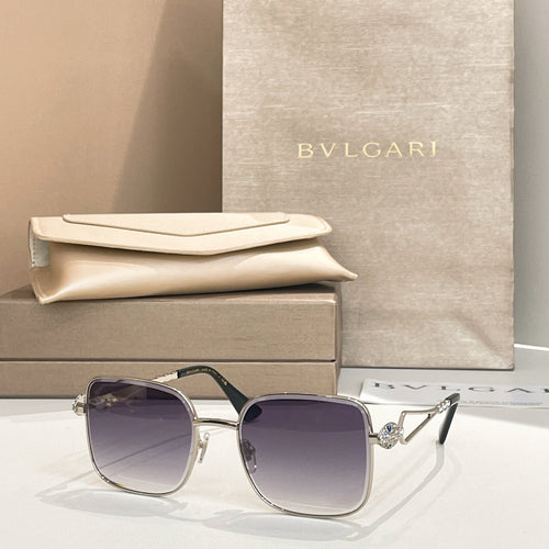 Bvlgari sunglasses with dark purple lenses and silver frame, square style