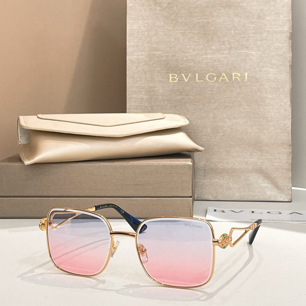 Bvlgari sunglasses with pink lenses, gold frame and blue-green temples