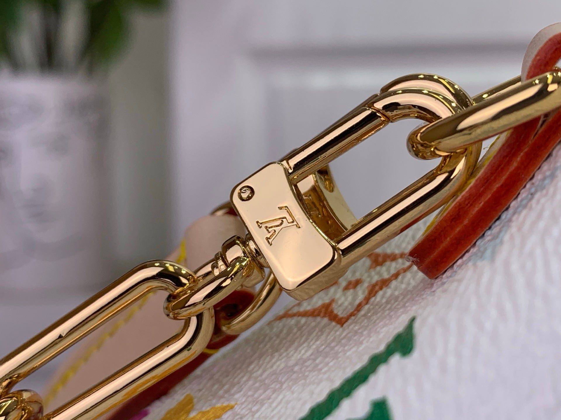 Bag strap hardware detail with gold-tone rings and brown leather trim