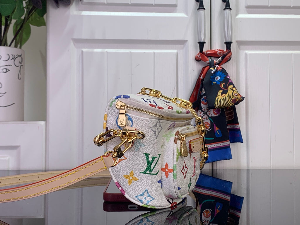 Designer crossbody bag, white with multicolor monogram print, gold chain and shoulder strap