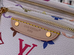 Zip pouch detail on white leather bag, gold zipper and Louis Vuitton logo plaque