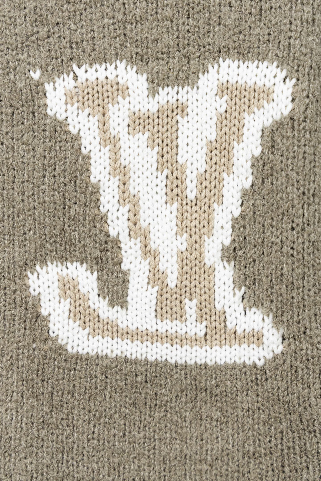 Khaki knit sweater with large white LV monogram pattern