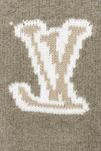 Khaki knit sweater with large white LV monogram pattern