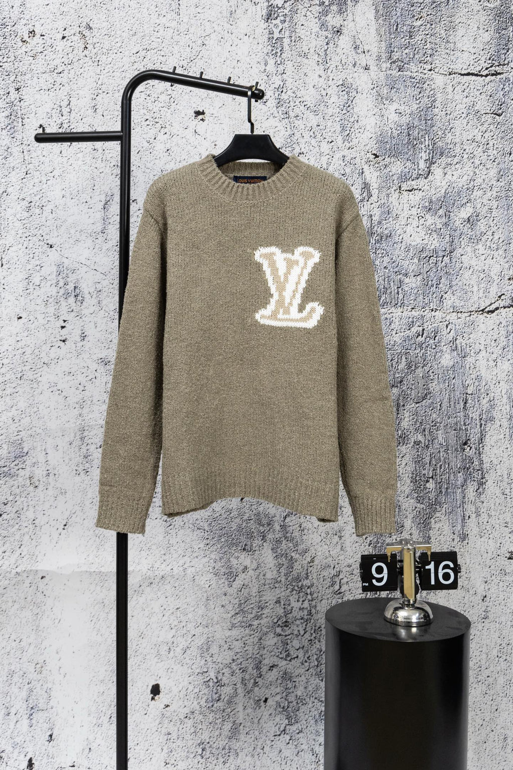 Khaki knit long sweater with white LV logo on the chest