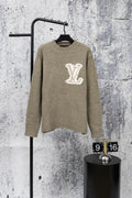 Khaki knit long sweater with white LV logo on the chest