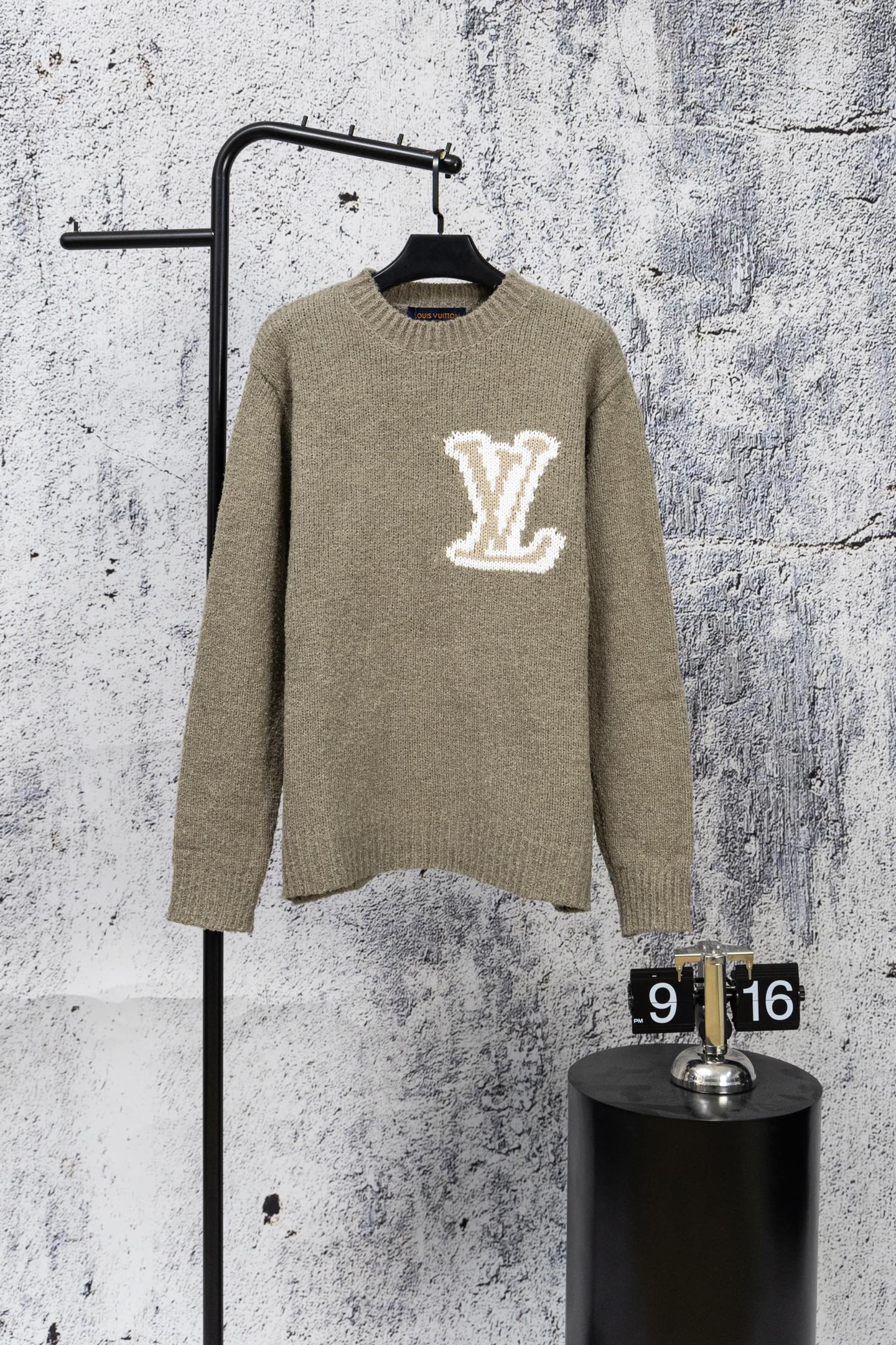 Khaki knit long sweater with white LV logo on the chest