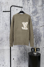 Khaki knit long sweater with white LV logo on the back