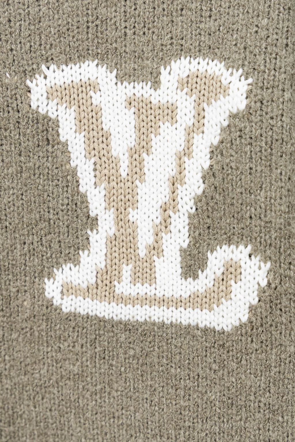 Khaki knit sweater front featuring white LV monogram