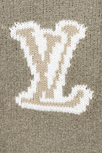 Khaki knit sweater front featuring white LV monogram