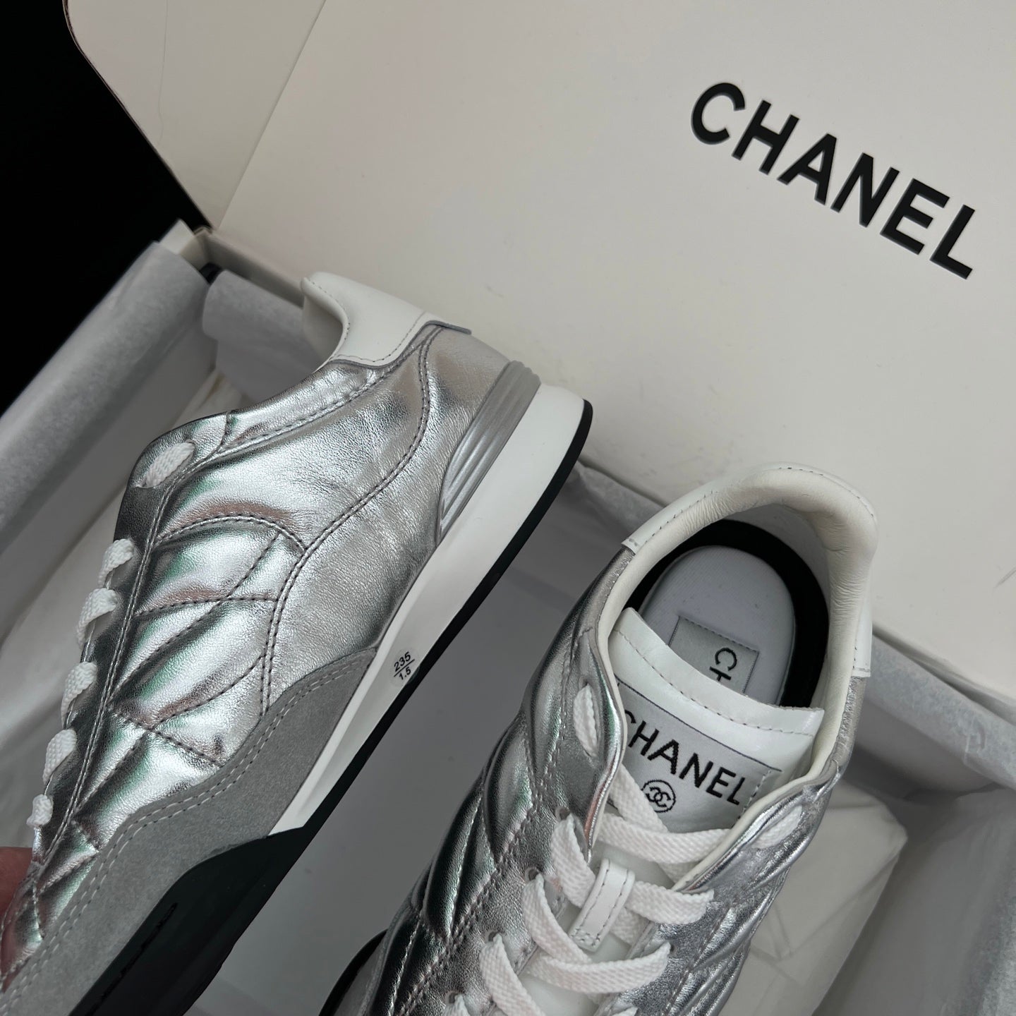 Chanel metallic leather sneakers with white laces and quilted quarter panel