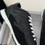 Chanel unisex black leather sneaker with front logo embroidery and white laces
