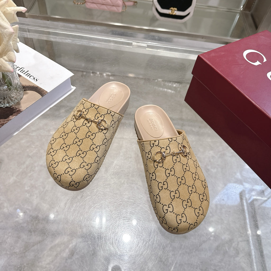 Gucci beige GG monogram slide sandals, two pairs showing open toe and light pink lining
