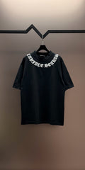 Black short-sleeve T-shirt with crew neck and white logo graphic