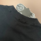 Black T-shirt neckline with ribbed collar and small snap detail